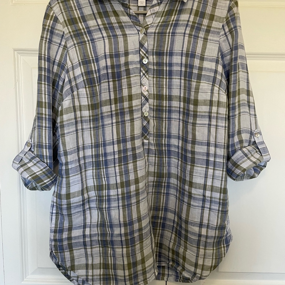 J. Jill Love Linen Blue and Green Plaid Linen Shirt with Pockets | Petite Small - Picture 11 of 12
